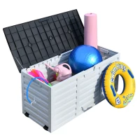 Outsunny Coffre de Jardin Malle de Rangement dim. 112L x 49l x 53H cm 2 roulettes polypropylène texturé Imitation Lattes de Bois Blanc Gris(m-4)