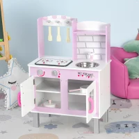 HOMCOM Cuisine Bois Jeu d'imitation - Cuisine Rose Enfant - Nombreux Accessoires & rangements Inclus - Fonction sonore - MDF pin Rose Blanc(m-4)