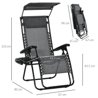 Outsunny Zero Gravity Garden Deck Folding Chair Texteline Patio Sun Lounger Reclining Seat with Cup Holder & Canopy Shade - Grey(m-3)