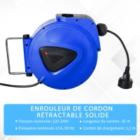 HOMCOM Enrouleur de câble électrique automatique 10 m - enrouleur électrique pivotant 180° support mural intégré bleu noir(m-5)