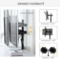 Vinsetto Support écran PC à double support pour 2 moniteur de 13-32 pouces réglable en hauteur inclinable et pivotant supportant VESA 75x75/100x100 mm en acier stable noir(m-5)