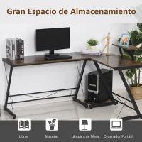 HOMCOM Mesa Escritorio de Oficina de Forma L con Soporte de CPU Estante de Impresora Niveladores Ajustables Gran Espacio Marco Metálico 155x115x91,5 cm Marrón(m-4)
