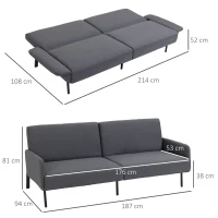 HOMCOM Divano Letto Pieghevole a 2 Posti in Tessuto Effetto Lino e Acciaio, 214x94x81 cm, Grigio(m-3)