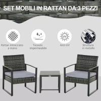 Outsunny Set da Giardino in Rattan 3 pezzi, 2 Poltrone con Cuscino e Tavolino, Grigio(m-4)
