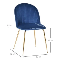 HOMCOM Set di 2 Sedie da Cucina Sedie da Pranzo con Schienale Tessuto Poliestere Gambe in Metallo Blu+Oro 52 x 52 x 81 cm(m-3)
