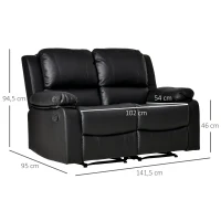 HOMCOM Divano Letto 2 Posti con Schienale Regolabile in Similpelle, 95x141,5x94,5cm, Nero(m-3)