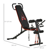 HOMCOM Panca Multifunzione, 6 livelli di Inclinazione, fino a 150 kg, in Acciaio e Pelle sintetica, 145x49x57-127 cm, Nera e Rossa(m-3)