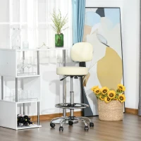 HOMCOM Sgabelli da Bar, Sedie Girevoli, Sgabelli da Lavoro, Sgabelli da Ufficio, Altezza Regolabile, Girevole a 360°, con Schienale, Imbottito, Ampio Sedile per un Miglior Comfort, PU, 56 x 57 x 104-127 cm, Beige(m-2)