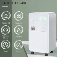 HOMCOM Deumidificatore Portatile da 16L, 4 Modalità e 2 Velocità, Timer 24h, 28x20x50.5cm, Bianco(m-7)