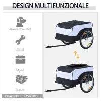 HOMCOM Rimorchio per Bici in Acciaio e Tessuto Oxford, Carico 40 kg, 140x77x65cm Nero e Bianco(m-5)