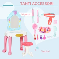 HOMCOM Toeletta Tavolo Trucco Giocattolo 20 Pezzi, per Bambini +3 Anni, 41x27x82cm(m-5)