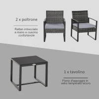 Outsunny Set da Giardino in Rattan 3 pezzi, 2 Poltrone con Cuscino e Tavolino, Grigio(m-5)
