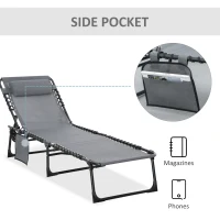 Outsunny Portable Sun Lounger, Folding Camping Bed Cot, Reclining Lounge Chair 5-position Adjustable Backrest with Side Pocket, Pillow for Patio Garden Beach Pool, Grey(m-7)