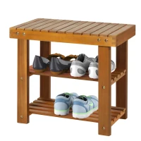 HOMCOM Acacia Wood Shoe Bench,  3-Tier Shoe Storage Rack, Hallway Organizer Shelf, for Entryway, Living Room, Bedroom, 50 x 28 x 45 cm, Teak(m-6)