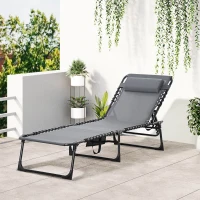 Outsunny Portable Sun Lounger, Folding Camping Bed Cot, Reclining Lounge Chair 5-position Adjustable Backrest with Side Pocket, Pillow for Patio Garden Beach Pool, Grey(m-10)