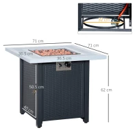 Outsunny Square Propane Gas Fire Pit Table, 40000 BTU Rattan Smokeless Firepit Patio Heater with Lava Rocks and Lid, 71cm x 71cm x 62cm, Black(m-3)