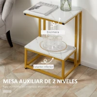 HOMCOM mesa de centro moderna mesa lateral dormitorio balcón mesa de pedestal final del sofá de diseño de estructura de acero dorado estante superior aspecto de mármol blanco(m-5)