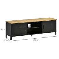 HOMCOM Mueble TV diseño industrial multialmacenamiento con 2 armarios 2 nichos para la gestión de cables 5 pies ajustables metal y goma madera dim. 150x40x50 cm negro madera natural(m-3)
