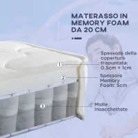 HOMCOM Materasso Matrimoniale 140x190x20 cm in Memory Foam con Molle Insacchettate e Fodera Trapuntata Traspirante(m-6)