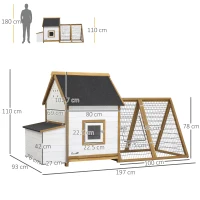 PawHut Chicken Coop, Rabbit Hutch, Hen House, Wooden Poultry Cage with Outdoor Run, Nesting Box, Removable Tray, Window and Lockable Door, 197 x 93 x 110cm(m-3)