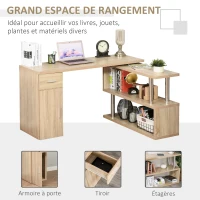 HOMCOM Bureau informatique bureau d'angle avec rangement table angulaire avec étagères, placard, tiroir aspect chêne clair(m-5)