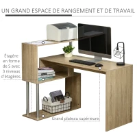 HOMCOM Bureau d'angle Design Contemporain bibliothèque intégrée en S Panneaux Particules chêne Clair Alliage alu.(m-5)