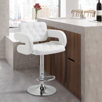 HOMCOM Metal Swivel Bar Stool PU Back Arm Rest Chrome Base Pub Barstool Gas Lift Height Adjustable Kitchen Breakfast Chair Modern Style (White)(m-12)