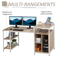 HOMCOM Bureau Informatique multimédia avec Multi-rangements Grand Plateau Panneaux Particules Blanc Aspect chêne(m-4)
