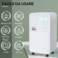 HOMCOM Deumidificatore Portatile da 12L, 4 Modalità e 2 Velocità, Timer 24h, 28x20x50.5cm, Bianco(m-7)