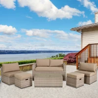 Outsunny Set 6 Pezzi Salotto da Esterni con Divano Poltrona Pouf | Mobili da Giardino Salvaspazio | Colore: Cachi, Beige(m-2)