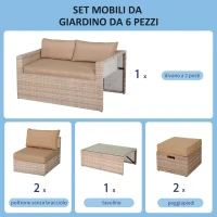 Outsunny Set 6 Pezzi Salotto da Esterni con Divano Poltrona Pouf | Mobili da Giardino Salvaspazio | Colore: Cachi, Beige(m-4)
