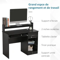 HOMCOM Bureau Informatique Table d'ordinateur Multi-rangements en bois Noir(m-7)