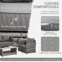 Outsunny Set Salotto da Giardino in Rattan PE con Divano 3 Posti, 2 Poltrone e Tavolino con Vetro, Grigio(m-5)