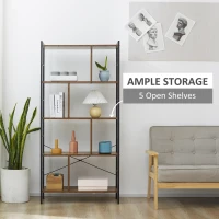 HOMCOM Industrial Storage Shelf Bookcase Closet Floor Standing Display Rack with 5 Tiers, Metal Frame for Living Room & Study, Rustic Brown(m-4)