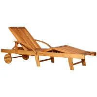 Outsunny Folding Wooden Sun Lounger, 4-Level Adjustable Garden Lounger Recliner with Side Tray and Wheels, Outdoor Reclining Sunbed with Slatted Seat and Armrests for Patio, Terrace, Teak(m-1)