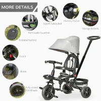 HOMCOM 4 in 1 Kids Trike Toddler Foldable Pedal Tricycle w/ Reversible Angle Adjustable Seat Removable Handle Canopy Belt Brake - Grey(m-9)