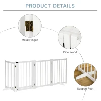 PawHut Freestanding Pet Gate for Small and Medium Dogs, Wooden Foldable Dog Safety Barrier with 4 Panels, 2 Support Feet, 80 cm Tall for Doorways, Stairs White(m-6)