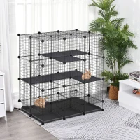 PawHut 3 Level DIY Pet Playpen Metal Small Animal Cage Rabbit Ferret Chinchillas Cage 4 Doors Bottom Trays Black(m-2)