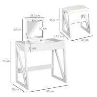 HOMCOM Dressing Table Set with Flip Top Mirror and Cushioned Stool, Makeup Vanity Table Writing Desk with Storage Grids for Bedroom, White(m-3)