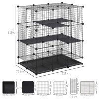PawHut 3 Level DIY Pet Playpen Metal Small Animal Cage Rabbit Ferret Chinchillas Cage 4 Doors Bottom Trays Black(m-3)