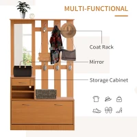 HOMCOM Entryway Coat and Shoe Rack, 6 Hooks Coat Rack Mirror Shelves Chest Multiple Clothes Hangers Organiser Oak(m-4)