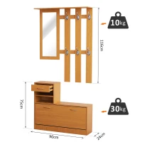 HOMCOM Entryway Coat and Shoe Rack, 6 Hooks Coat Rack Mirror Shelves Chest Multiple Clothes Hangers Organiser Oak(m-3)