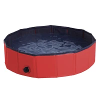 PawHut Foldable Dog Paddling Pool Pet Cat Swimming Pool Indoor/Outdoor Collapsible Summer Bathing Tub Shower Tub Puppy Washer (Φ80 × 20H cm, Red)(m-11)
