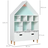 HOMCOM Kids House-Designed Bookshelf, with Drawer – Blue & White(m-3)