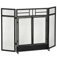 HOMCOM 3-Panel Folding Fireplace Screen with Door, Freestanding Spark Guard, Metal Mesh Fireguard, Black(m-1)