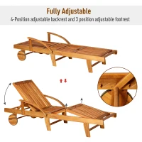 Outsunny Folding Wooden Sun Lounger, 4-Level Adjustable Garden Lounger Recliner with Side Tray and Wheels, Outdoor Reclining Sunbed with Slatted Seat and Armrests for Patio, Terrace, Teak(m-5)