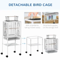 PawHut Large Metal Bird Cage Open Top Aviary for Finch Canaries, Budgies with Handle, Rolling Stand, Slide-out Tray, Storage Shelf, Wood Perch, Food Containers, White(m-4)