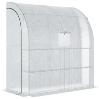 Outsunny Walk-In Lean to Wall Greenhouse with Windows and Doors 2 Tiers 4 Wired Shelves 200L x 100W x 213Hcm White(m-1)