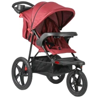 HOMCOM Baby Stroller Foldable Carriage for Toddler with Adjustable Backrest and Canopy Suspension System Rubber Tire 5-Point Harness Cup Holder Storage Basket Red(m-1)