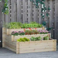 Outsunny 117cm x 100cm x 54cm 3 Tier Raised Garden Bed 376L Fir Wood Elevated Planter Flower Box with 9 Grow Grids and Non-woven Fabric for Vegetables, Flower, Herb Outdoor Indoor Use(m-10)